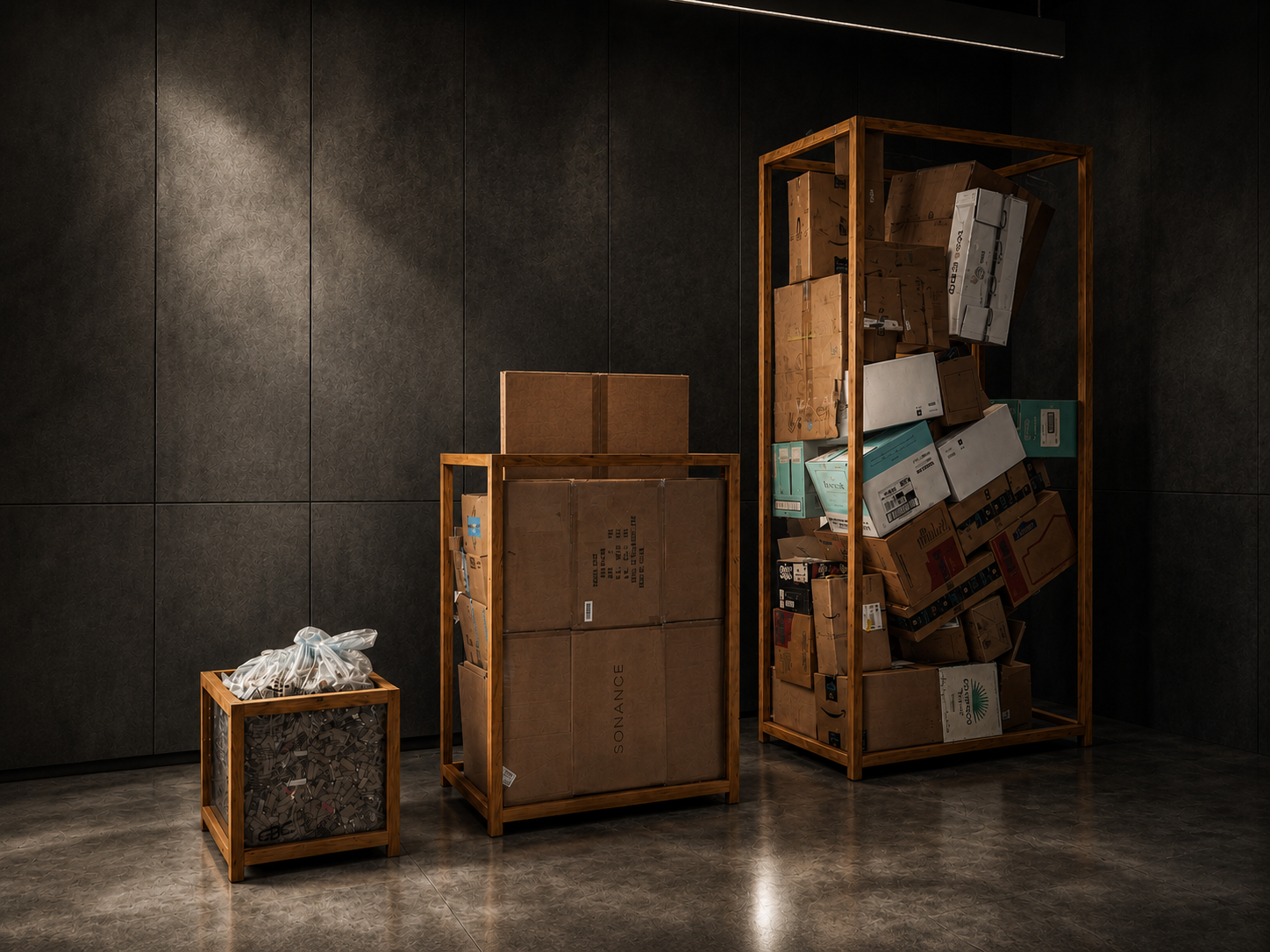 Cardboard boxes and packaging waste accumulating in a modern home