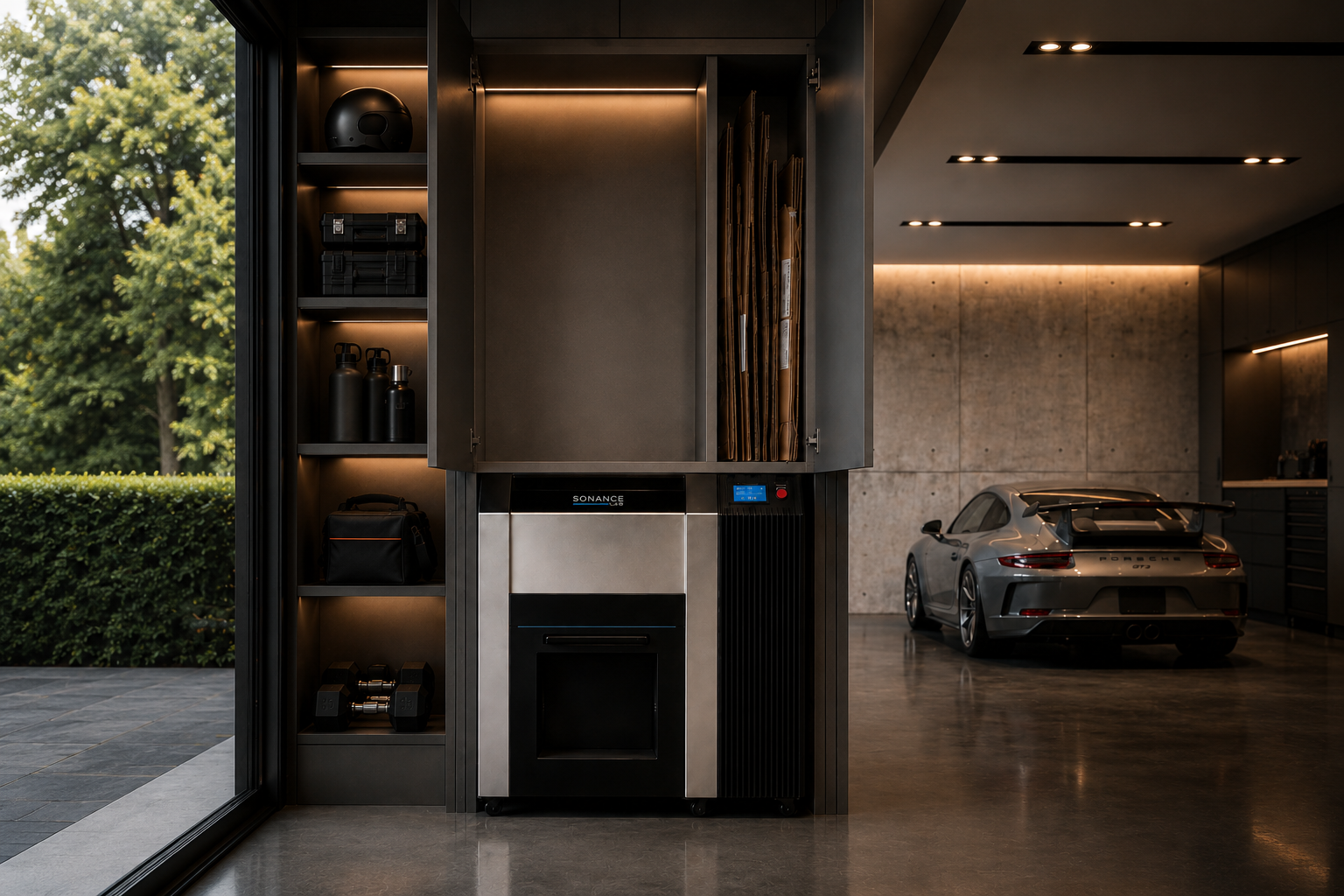 Cardboard Cruncher in a finished garage with stainless steel cabinetry and a Porsche GT3