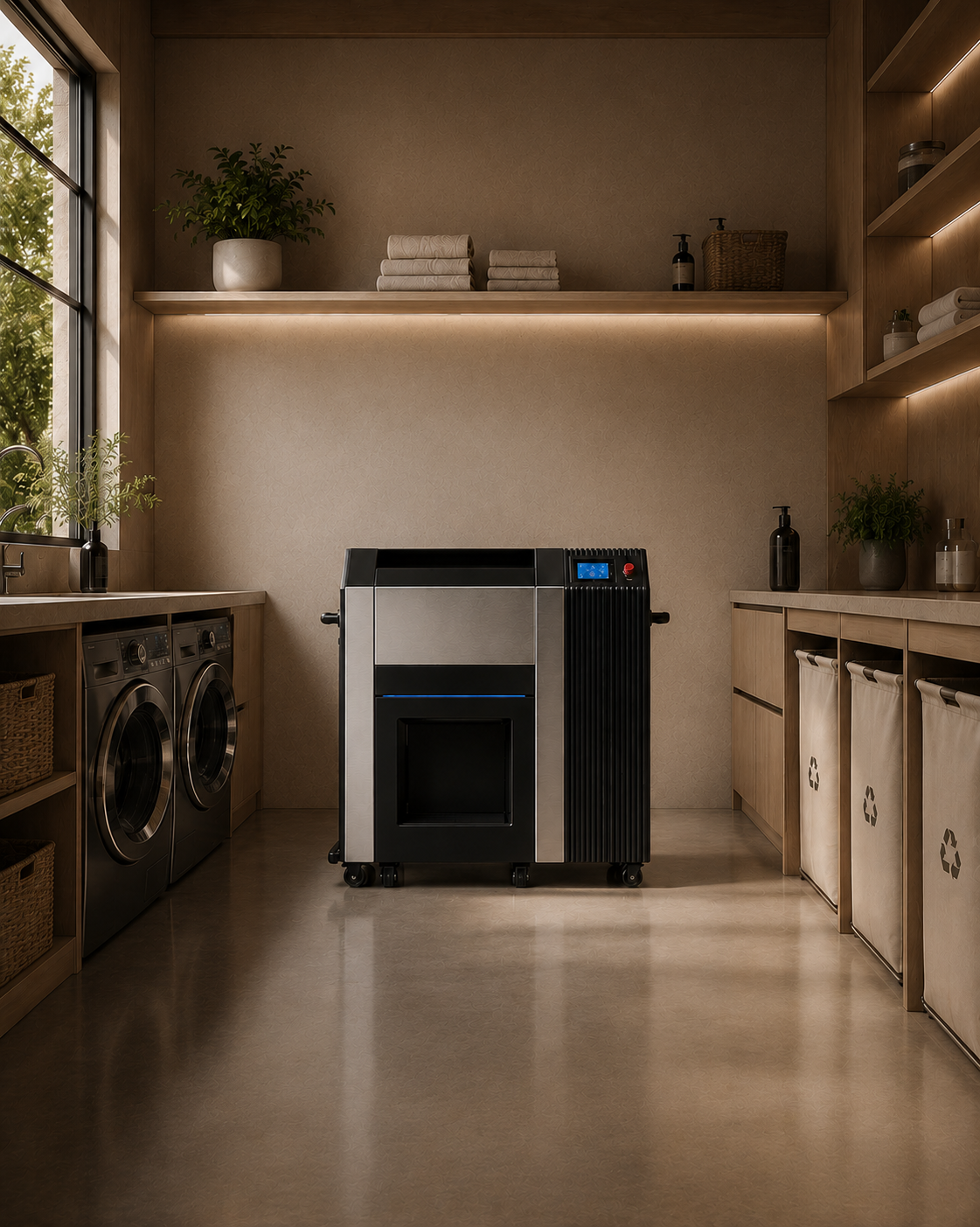 Cardboard Cruncher integrated into a modern laundry room with recycling bins
